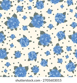 Conjunto de vetor sem emenda Gingham azul da coleção de padrões de hortênsia costeira