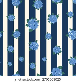Conjunto de vetor sem emenda Gingham azul da coleção de padrões de hortênsia costeira