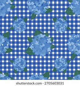 Conjunto de vetor sem emenda Gingham azul da coleção de padrões de hortênsia costeira