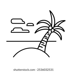 Coastal icons with coconut trees in black stripe style suitable for stickers, summer icons 