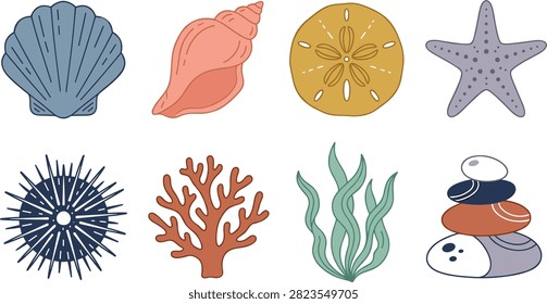 Coastal illustration set featuring seashells, a sand dollar, starfish, sea urchin, coral, seaweed, and stacked beach stones. Ideal for ocean themed packaging, educational materials, stickers, posters, invitations, and summer designs.Coastal illustration set featuring seashells, a sand dollar, starfish, sea urchin, coral, seaweed, and stacked beach stones. Ideal for ocean themed packaging, educational materials, stickers, posters, invitations, and summer designs.