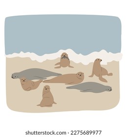 coastal illustration, vector woman on beach digital download clipart, couple flying seagull sea lion clip art, images in flat cartoon style, wedding Invitation.