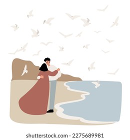 coastal illustration, vector woman on beach digital download clipart, couple flying seagull sea lion clip art, images in flat cartoon style, wedding Invitation.