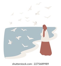 coastal illustration, vector woman on beach digital download clipart, couple flying seagull sea lion clip art, images in flat cartoon style, wedding Invitation.