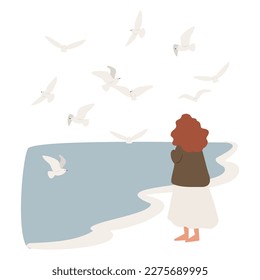 coastal illustration, vector woman on beach digital download clipart, couple flying seagull sea lion clip art, images in flat cartoon style, wedding Invitation.