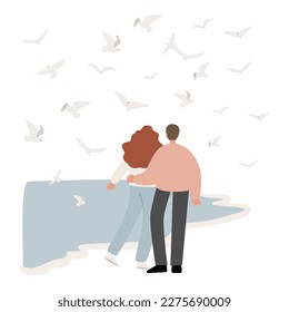 coastal illustration, vector woman on beach digital download clipart, couple flying seagull sea lion clip art, images in flat cartoon style, wedding Invitation.