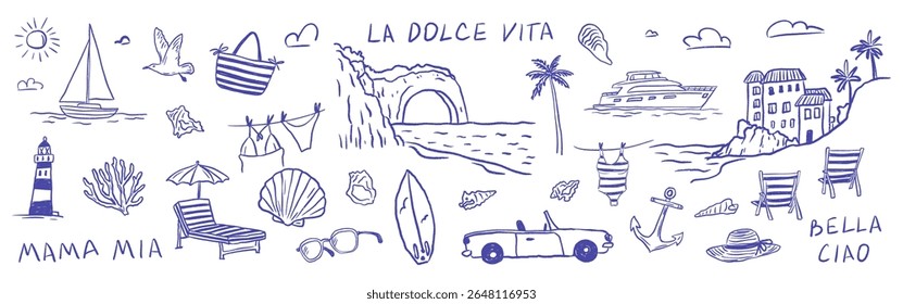Coastal Italian life scene with yacht, car, lighthouse, shell, sea, beach accessories and seagull. Mediterranean symbols inspired by Amalfi travel spirit. Vector illustration in crayon sketch style.