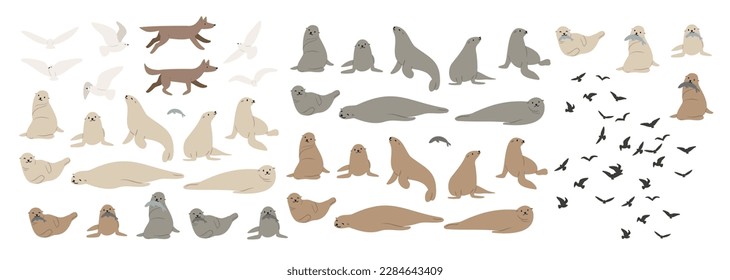 coastal landscape creator clipart set, vector woman on beach illustration, Individual elements, couple flying seagull sea lion clip art, images in flat cartoon style, Wedding Invitation, Logo Elements