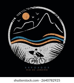 Coastal landscape emblem of the city of Rio de Janeiro, Brazil, with a cyclist carrying a surfboard.