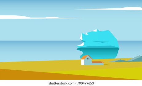 Coastal landscape with house in the meadow and the iceberg in the ocean. Polar seaside landscape vector flat illustration.