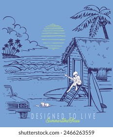 Ilustración de paisaje costero en estilo de dibujos animados. Dibujo simple de una escena de una casa de playa con un joven tocando la guitarra.