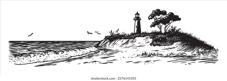 coastal landscape with lighthouse and trees in black and white hand-drawn style