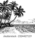Coastal landscape with palm trees on the shore portrayed in a vector engraving