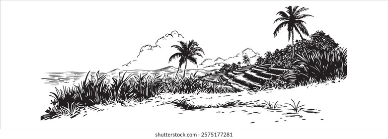 coastal landscape with palm trees and stairs in monochrome hand-drawn style