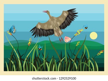 Coastal landscape with plants and flying insects. A stork flies in the sky. Stylized image. Vector illustration