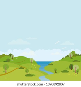 Coastal landscape with river flowing through rolling hills into the sea vector illustration