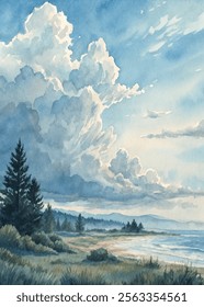 Coastal landscape with towering clouds and lush greenery, capturing the essence of a tranquil beach setting.