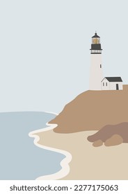 impresiones de arte en la pared del paisaje costero, clipart de póster mínimo de playa, fondo de playa, ilustración de faro vectorial imprimible, impresión digital de descarga, imágenes de olas de mar de estilo plano.