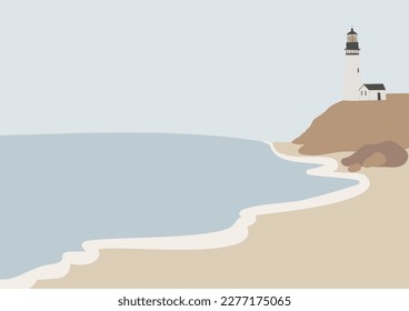 coastal landscape wall art prints, minimal beach poster clipart, beach background, printable vector lighthouse illustration, digital download print, sea wave images in flat style.