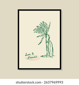 Coastal life sketch style vector illustration in a poster frame. Art for print design, greeting card, postcards, branding, logo design.