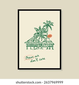 Coastal life sketch style vector illustration in a poster frame. Art for print design, greeting card, postcards, branding, logo design.