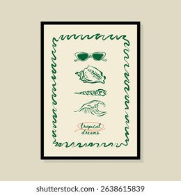 Coastal life sketch style vector illustration in a poster frame. Art for print design, greeting card, postcards, branding, logo design.	