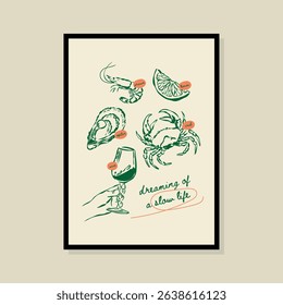 Coastal life sketch style vector illustration in a poster frame. Art for print design, greeting card, postcards, branding, logo design.	