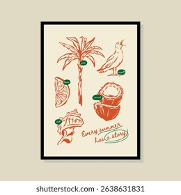 Coastal life sketch style vector illustration in a poster frame. Art for print design, greeting card, postcards, branding, logo design.	