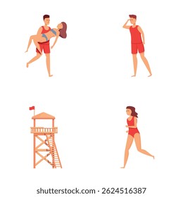 Coastal lifeguard icons set cartoon vector. Rescue people during work. Water vacation safety