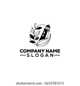 Farol costeiro e pássaro com ramificações logotipo