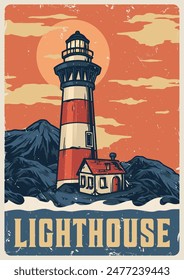 Coastal lighthouse colorful vintage poster with structure to indicate way to sailors and avoid collisions ships with rocks vector illustration