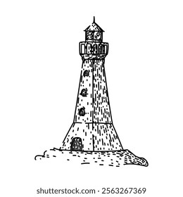 coastal lighthouse hand drawn. tower lightkeeper, lens signal, guide ocean coastal lighthouse vector sketch. isolated black illustration