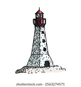 coastal lighthouse hand drawn. tower lightkeeper, lens signal, guide ocean coastal lighthouse vector sketch. isolated color illustration