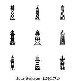 Coastal lighthouse icons set. Simple set of 9 coastal lighthouse vector icons for web isolated on white background