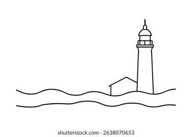 Coastal lighthouse line drawing ocean waves simple illustration