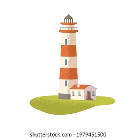 Coastal lighthouse. Nautical light house. Maritime navigation beacon. Seaside security tower. Sea port building. Colored flat vector illustration isolated on white background