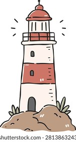 Coastal lighthouse on rocks Clipart, Cute Nautical Ocean Marine Vector, Hand Drawn flat color Kids Nursery Sublimation Graphic Element