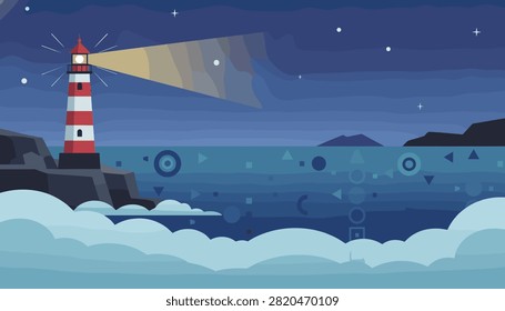 Coastal lighthouse shining bright beam of light across ocean waves during night.