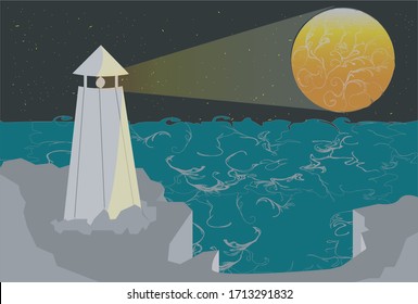 Coastal Lighthouse Shining Light On The Moon