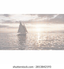 Coastal lighthouse silhouette at dawn. Abstract diamond halftone texture. Beach sunrise scenery. Vector illustration.