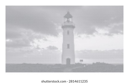 coastal lighthouse structure rocky shoreline cloudy sky graphic dot art.