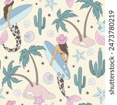 Coastal mermaid surfer Ocean cowgirl Palms Shells vector seamless pattern. Coastal rodeo background.