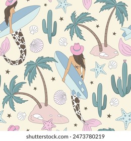 Coastal mermaid surfer Ocean cowgirl Palms Shells vector seamless pattern. Coastal rodeo background.