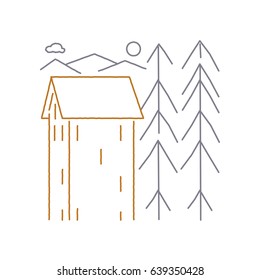 Coastal Mountain line drawn condo building with very tall fir trees.