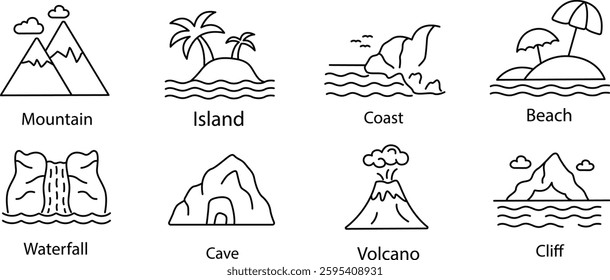 Coastal and Mountain Nature Icon Set for Travel and Outdoor Designs.