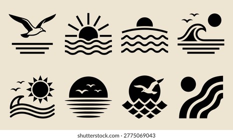 Coastal nature landscape element collection, minimalist monochrome symbols, seagull, sunrise, waves, ocean, and sunset