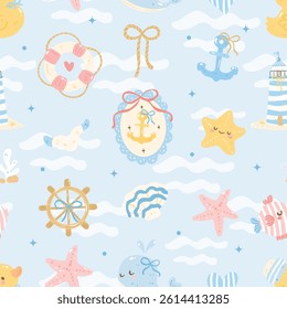 Coastal Nautical Seamless Pattern | Cute Whale Duck Anchor Lighthouse Ocean Sea Digital Paper | Kawaii Beach Summer Design