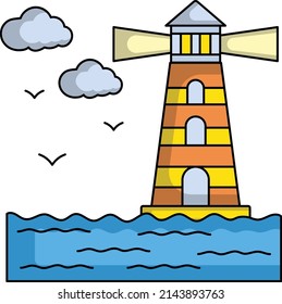Coastal navigation Vector Color Icon Design, Travel and Tourism Symbol, Holiday and Vacation Sign, Discovery and exploration Stock illustration, Lighthouse with Clouds and Birds Concept