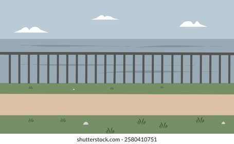 Coastal Path and Fence. Ocean scenery. Park beside beach. Countryside. Sea illustration. Sea cartoon. Children book background.