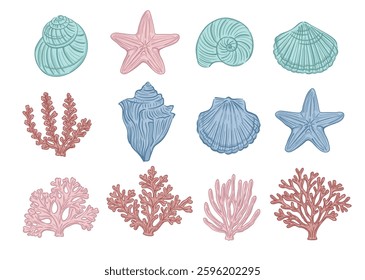 Coastal pattern, Coral repeat vector file, Seashell pattern, coastal element